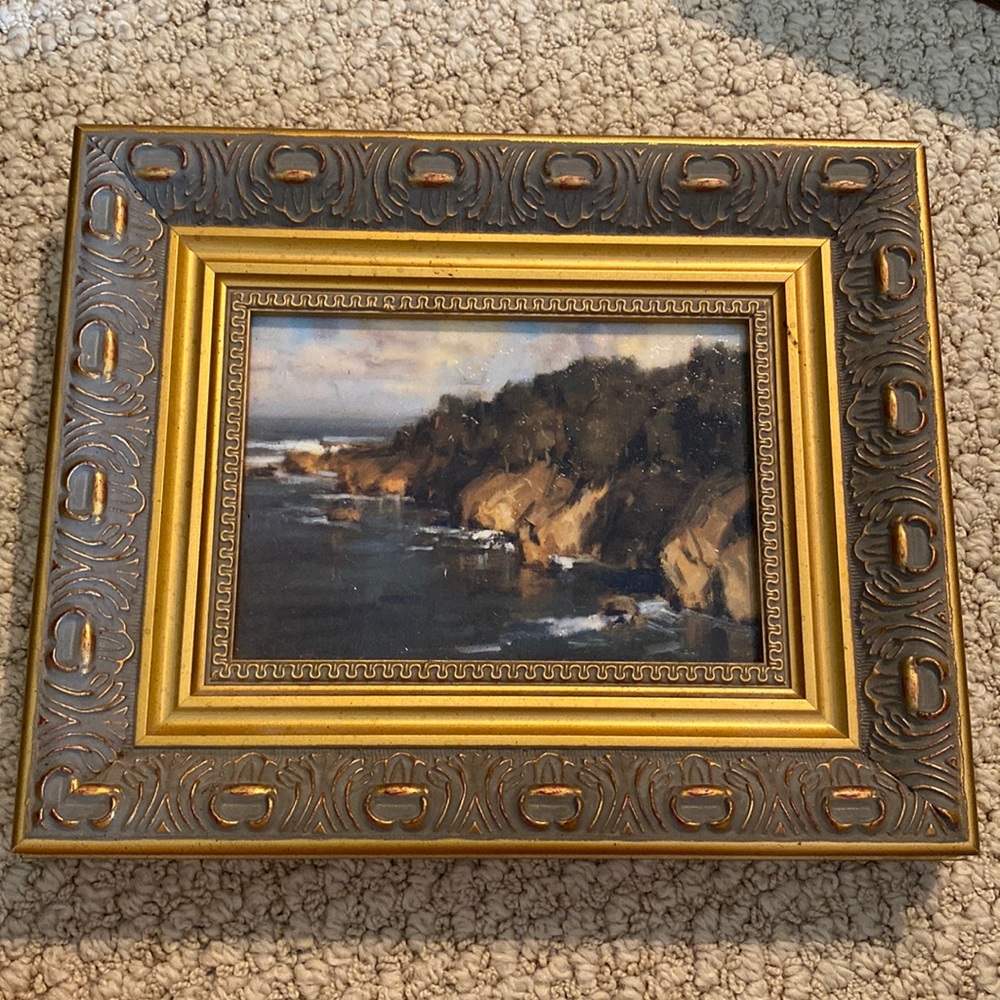 Vintage Cliff side seascape landscape giclee painting in gold frame